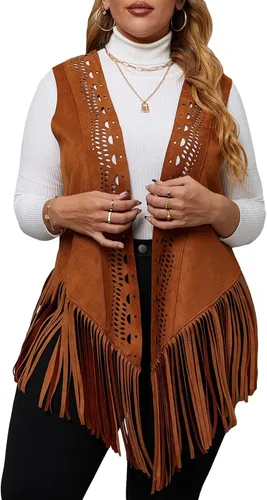 Vista 5 de Floerns Chaleco de mujer con franjas frontales abiertas, sin mangas, corte láser, talla grande