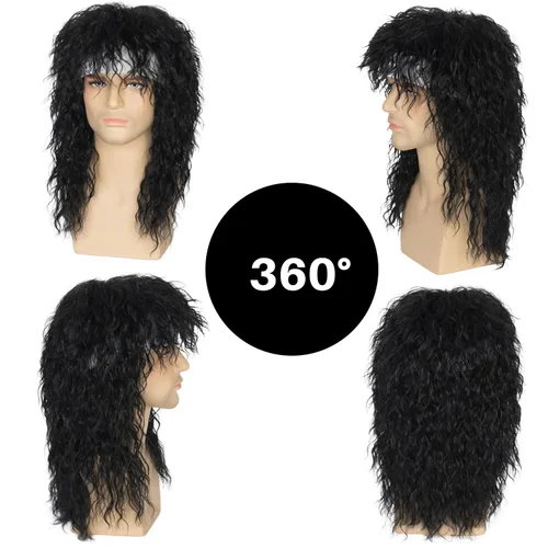 Vista 2 de Miss U Hair - Peluca de cabello rizado negro de los años 80 para hombre, peluca punk rocker, para fiesta, cosplay, cabello con accesorios