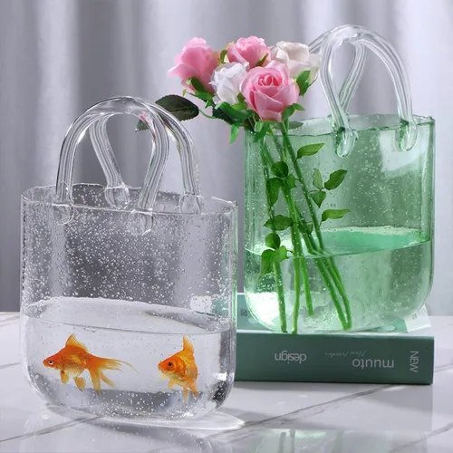 Vista 4 de Glass Bag Vase for Flowers, Glass Purse Vase Blowing by Hand Glass Flower Vase Purse Flower Vase, Glass Bag Vase for Decor,Style1-Blue