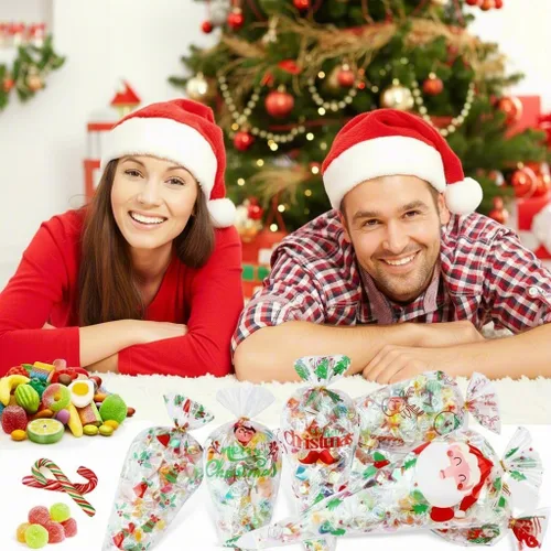 Vista 5 de Konsait 120 bolsas de dulces de Navidad, bolsas de celofán, bolsas de golosinas de cono transparente para galletas con lazos giratorios