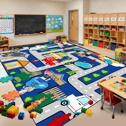 Vista 15 de Alfombra de juego para niños, alfombra de coche para niños, tapete de automóvil con mapa de vida de la ciudad para niños, juguete educativo