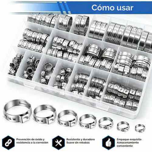 Vista 6 de Kit surtido de 170 piezas de abrazaderas de manguera de una oreja de acero inoxidable 304 de 13 tamaños, abrazaderas de manguera de crimpar de 5.3