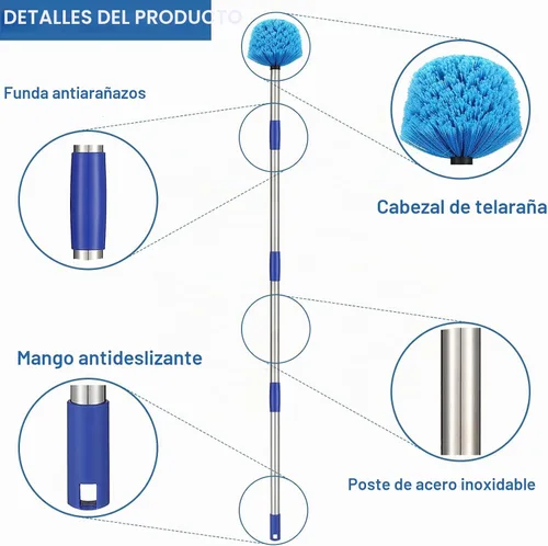 Vista 2 de Plumero de telaraña con poste, poste de acero inoxidable de 4 pies con cepillo de telaraña de cerdas medianamente rígidas para paredes, vigas