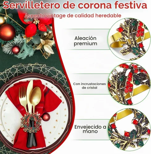 Vista 3 de ZeeDix Juego de 6 servilleteros de corona de Navidad, servilleteros de Navidad para servilletas de tela, servilleteros de Navidad para Acción