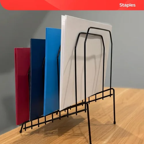 Vista 7 de STAPLES Organizador de archivos de escritorio con inclinación de metal, 8 compartimentos, diseño escalonado, negro, almacenamiento de papel
