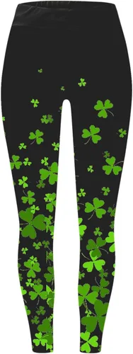 Vista 3 de TYISZIL Leggings del día de San Patricio para mujer, cintura alta, control de abdomen, con lentejuelas, estampado de trébol, pantalones de yoga