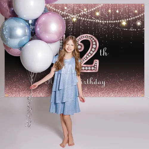 Vista 6 de HAMIGAR Fondo de pancarta de feliz cumpleaños número 12 de 6 x 4 pies, decoraciones de cumpleaños de 12 años, suministros de fiesta para mujeres