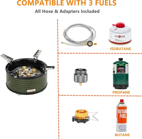 Vista 6 de Estufa de gas portátil para acampar con bolsa de almacenamiento y adaptadores de gas, estufa de propano de 5 quemadores para patio al aire libre