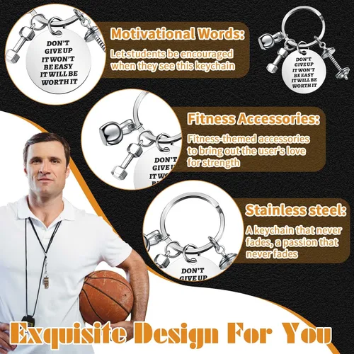 Vista 5 de Yinkin 6 llaveros de acero inoxidable con dije de gimnasio y fitness, regalos con citas, mancuernas para entrenamiento personal, regalos