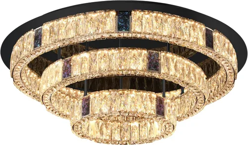 Vista 9 de Candelabro de cristal LED moderno de 32 pulgadas para sala de estar, lámpara redonda de cristal de 3 niveles, lámpara de techo de cristal negro