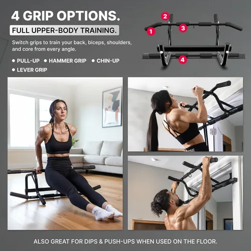 Vista 8 de DMoose Fitness Barra de dominadas para puerta – Capacidad de hasta 250 libras, sin atornillar ni deslizarse, dominada colgante y barra de barbilla