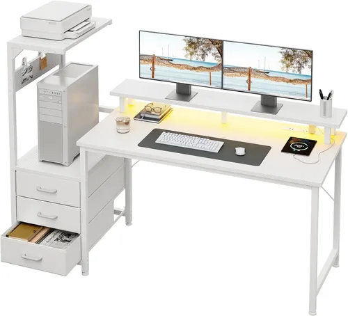 Vista 10 de AODK Escritorio para juegos de 52 pulgadas con puertos de carga USB y luz LED, escritorio reversible para computadora con estantes de almacenamiento