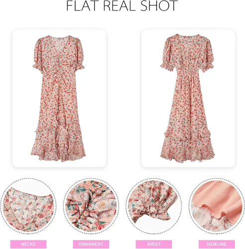 Vista 6 de WDMYS Vestido largo con cuello en V para mujer, plisado, bohemio, para verano, playa, vestido largo con dobladillo alto y bajo, vestido de manga