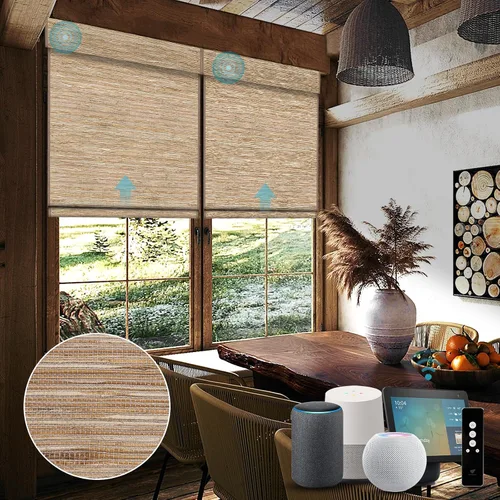 Vista 20 de SmartWings Persianas motorizadas de madera natural tejida para ventanas, persianas romanas eléctricas con control remoto para puertas correderas