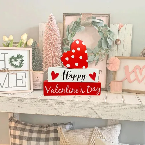Vista 3 de Letrero de madera para el día de San Valentín, decoración de mesa de corazón para bandejas escalonadas, estante de café, barra de madera, decoración