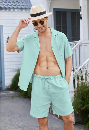 Vista 2 de COOFANDY Camisas de lino de manga corta con botones para hombre, conjunto corto hawaiano de playa de 2 piezas
