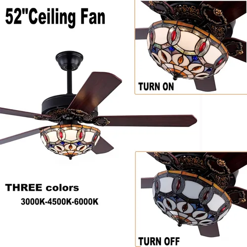 Vista 7 de Ventilador de techo Tiffany de 52 pulgadas con luces y control remoto, ventiladores de techo tradicionales de madera de perfil bajo, ventilador