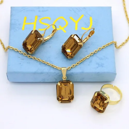 Vista 7 de HSQYJ Conjunto de joyas de cristal de color de moda, colgante de geometría rectangular, collar de diamantes de imitación, anillos y pendientes