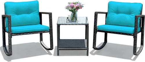 Vista 13 de Tangkula Juego de 3 mecedoras de mimbre para patio, mecedoras al aire libre y mesa con cojines, mesa de centro de cristal con estante
