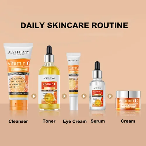 Vista 6 de Set de cuidado de la piel con vitamina C para mujeres, rutina hidratante 5 en 1 con ácido hialurónico con limpiador facial, suero, crema facial