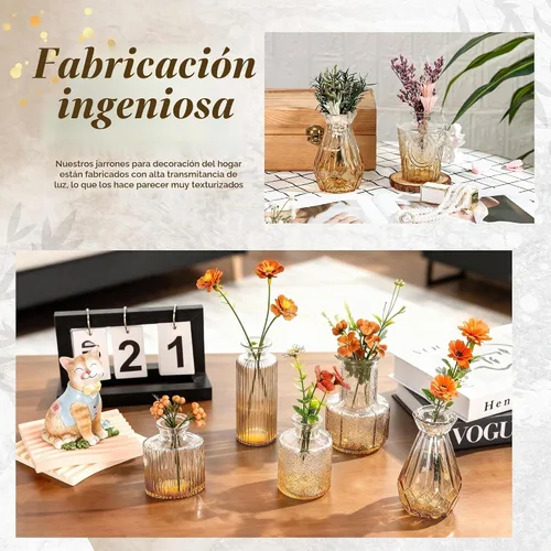 Vista 5 de Der Rose Juego de 12 jarrones de vidrio ámbar, pequeños jarrones para flores, centros de mesa rústicos de boda y decoración del hogar
