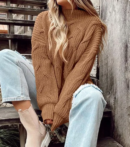 Vista 2 de PRETTYGARDEN Suéteres de otoño de gran tamaño para mujer, estilo casual, cuello redondo, manga larga, tejido trenzado grueso, blusa