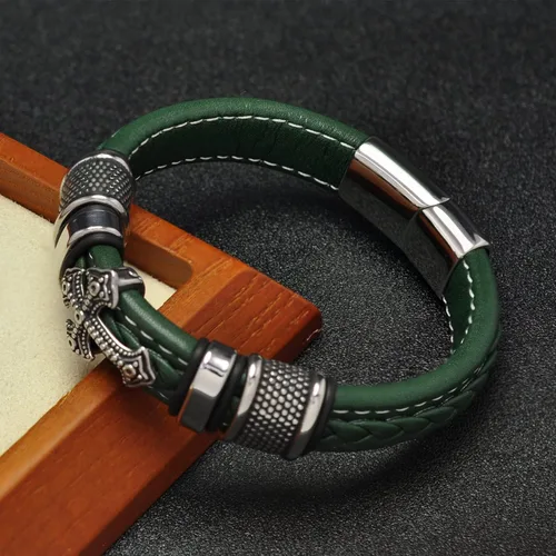Vista 2 de Leisure moment Pulsera religiosa de cruz para hombre de cuero y acero inoxidable, Sin gemas.