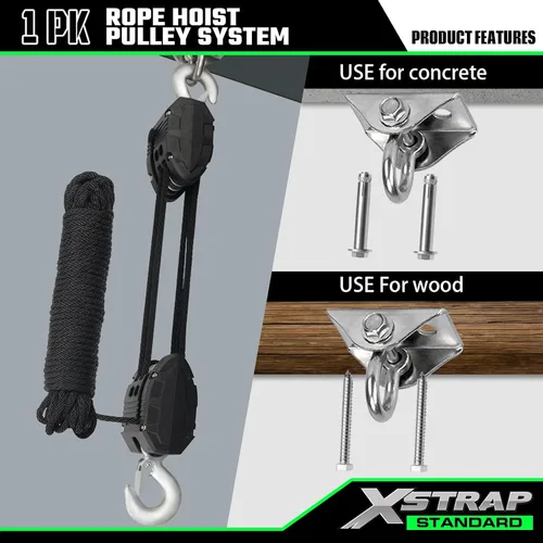 Vista 5 de XSTRAP STANDARD - Polipasto de cuerda de 50 pies, resistente bloque de rueda de rotura de 2000 libras Tackle Pulley System for Lifting Heavy