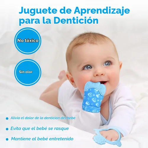 Vista 5 de Vicloon Guante de dentición de silicona, 2 piezas de guante de dentición para bebé con correa ajustable, sonido crujiente y texturado, juguetes