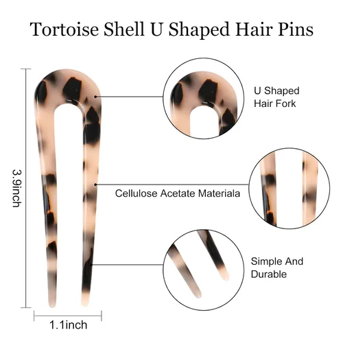 Vista 2 de CURASA Horquillas de pelo francesas de tortuga en forma de U, 2 piezas de acetato de celulosa para moños, accesorios de peinado duraderos
