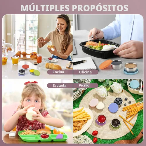 Vista 6 de Paquete de 8 recipientes pequeños para aderezo de ensalada de 1.6 onzas para llevar, tazas de salsa con tapas 1.6 OZ-Multicolor