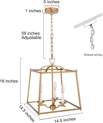 Vista 7 de KSANA Candelabro de farol dorado, iluminación colgante dorada para isla de cocina con acabado dorado antiguo, lámpara colgante de vestíbulo