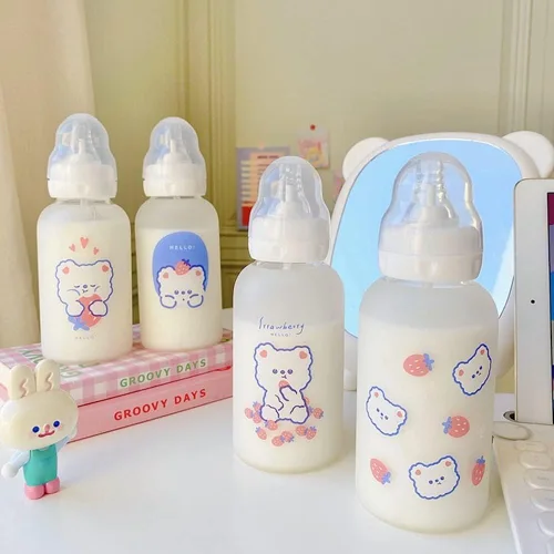 Vista 7 de JHTPSLR Botella de agua de vidrio con pezón con pezón de 11 onzas, botella de agua Kawaii para adultos, deportes, oficina, bonita botella