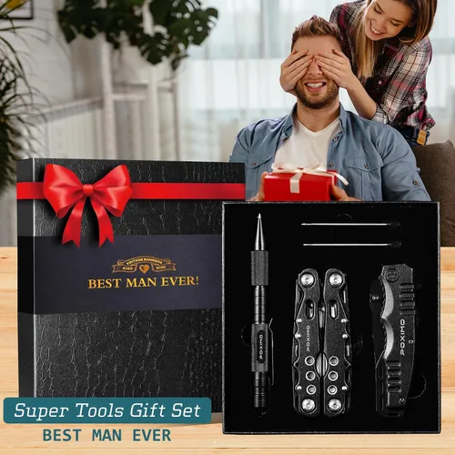 Vista 2 de Juego de regalo multiherramienta para hombres, para papá, él, kit de supervivencia EDC 3 en 1 con alicates múltiples 14 en 1, cuchillo de bolsillo