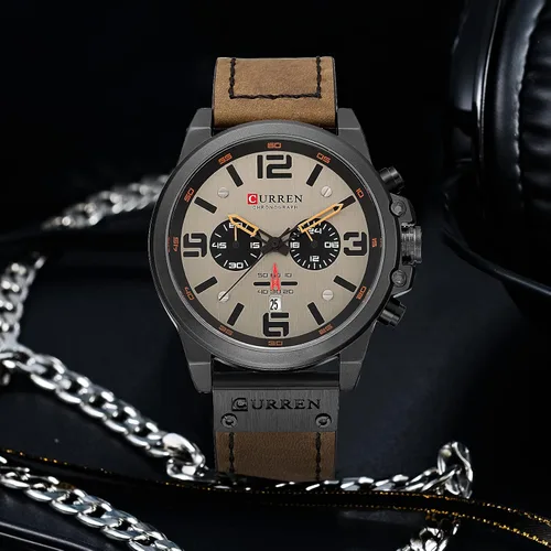 Vista 2 de Reloj de acero inoxidable con correa de cuero, estilo clásico, casual, resistente al agua, cronógrafo, fecha, y cuarzo analógico
