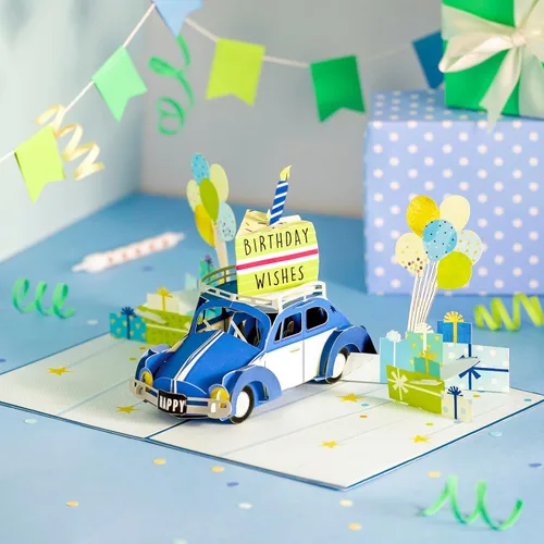 Vista 4 de POPWOW Tarjeta desplegable de cumpleaños, auto azul, escarabajo, Volkswagen, regalos, globos, tarjeta de felicitación 3D, regalo ideal para hijo