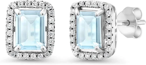 Vista 21 de Gem Stone King Aretes de plata de ley 925 con piedra natal Corte esmeralda de 0.315 x 0.236 in Aretes de halo para mujer