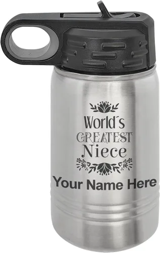 Vista 36 de LaserGram Botella de agua con tapa abatible de doble pared de 12 onzas con pajilla, sobrina más grande del mundo, grabado personalizado incluido