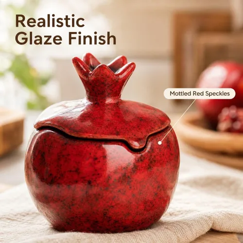 Vista 3 de Sal Bodega 2 PCS Cerámica Granada En Forma De Tazón De Sal Con Tapa Y Cuchara 2-pack ceramic pomegranate spice bowls with mottled red glaze, lids