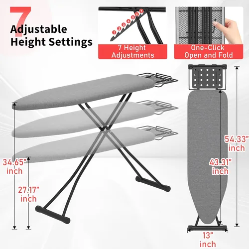 Vista 2 de [Usado] Tabla de planchar con soporte de hierro, 7 alturas ajustables, tabla de hierro estándar de tamaño de 43 x 13 pulgadas con cubierta