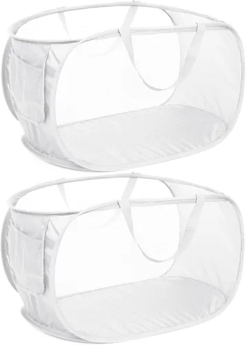 Vista 23 de Cestas de lavandería plegables duraderas, cesta de lavandería desplegable de malla con bolsillo lateral, cesta de ropa plegable con asas