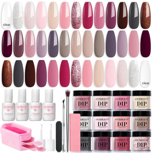 Vista 20 de AzureBeauty - Kit de 31 piezas de polvo de inmersión para uñas, otoño, invierno, rojo y verde con purpurina