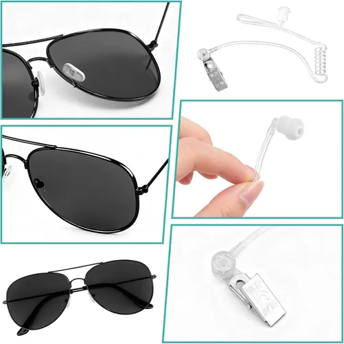 Vista 3 de Twdrer - Conjunto de disfraz de agente espía de 2 piezas con auricular y gafas de sol