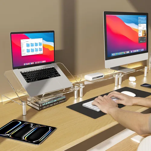 Vista 5 de Soporte doble de acrílico transparente para escritorio, soporte ajustable para laptop, soporte ergonómico para computadora de escritorio adecuado