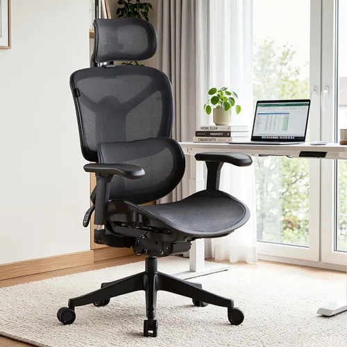 Vista 10 de WELAX Silla de oficina ergonómica sin reposapiés, silla de oficina de malla con reposabrazos y reposacabezas 3D, silla de escritorio S9 con Gris