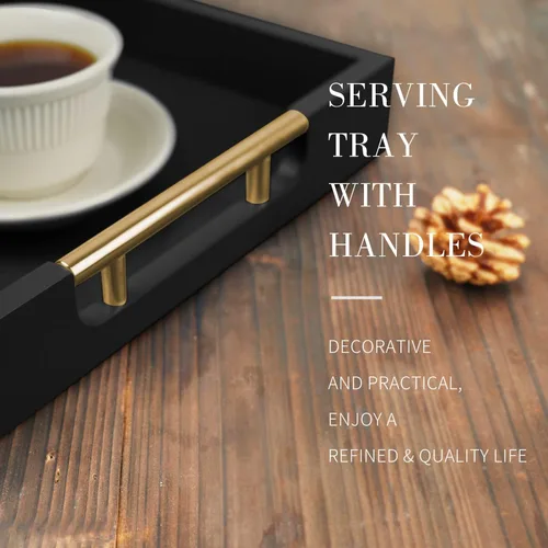Vista 4 de Bandeja decorativa de madera para mesa auxiliar, bandeja de servicio con acabado mate de 16 pulgadas con asas para otomana, sala de estar, perfume