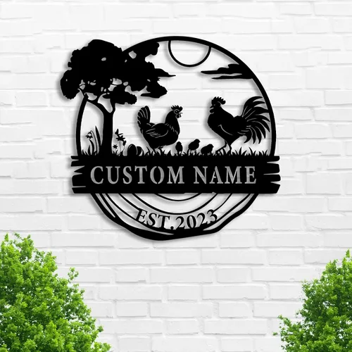 Vista 2 de Letreros de metal personalizados para gallinero, letrero de gallinero personalizado, letrero de granja de pollo, letrero de gallinero con nombre