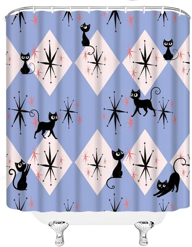 Vista 5 de Mid Century Atomic Black Cat Shower Curtain Blue Modern Abstract Geometric Minimalist Funny Boho 1950s Fabric Bathroom Decor Curtain with