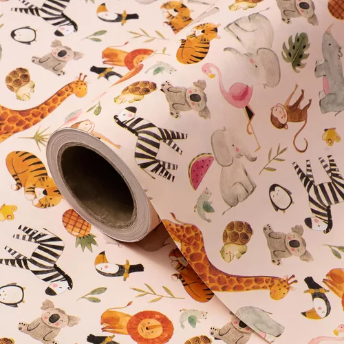 Vista 22 de WRAPAHOLIC Rollo de papel de regalo Kraft Animal - Mini Rollo - 17 pulgadas x 16.5 pies - Diseño de mono, elefante y dinosaurio lindos, perfecto