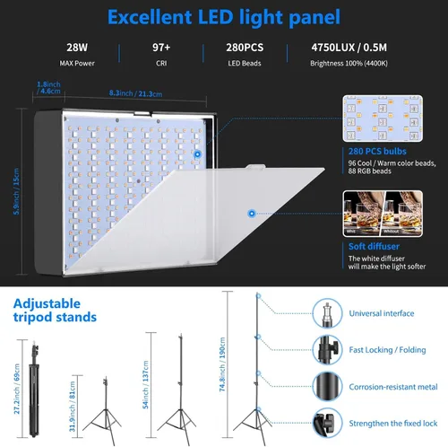 Vista 2 de NEEWER Paquete de 2 luces de video RGB con soportes de trípode NP-F550, kit de iluminación de panel LED de estudio para transmisión